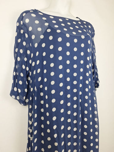 Second-Hand - Lee Mathews Navy Sheer Polka Dot Midi Dress Size 12 - SwapUp