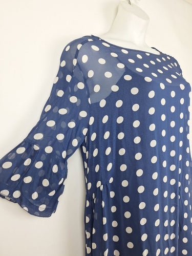 Second-Hand - Lee Mathews Navy Sheer Polka Dot Midi Dress Size 12 - SwapUp