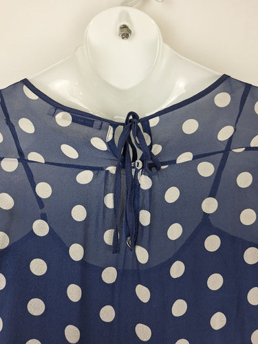Second-Hand - Lee Mathews Navy Sheer Polka Dot Midi Dress Size 12 - SwapUp