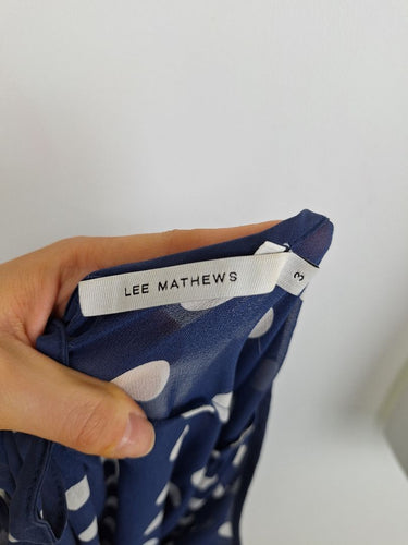 Second-Hand - Lee Mathews Navy Sheer Polka Dot Midi Dress Size 12 - SwapUp