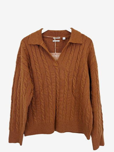 Trenery Cognac Merino Cashmere Cable Knit Polo Jumper Size L