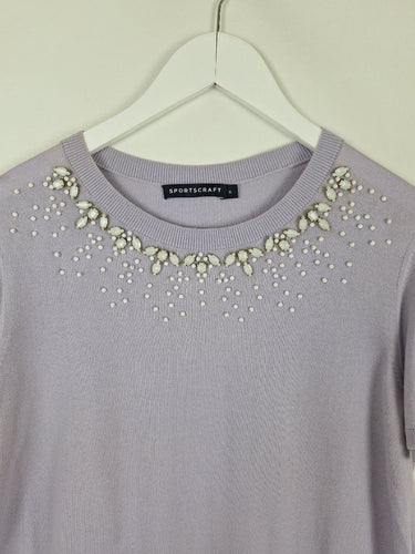 Second-Hand - Sportscraft Lavender Beaded Jewel Neck Top Size M - SwapUp