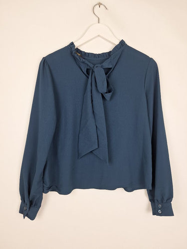 Second-Hand - Princess Highway Steel Blue Back Neck Tie Blouse Size 10 - SwapUp