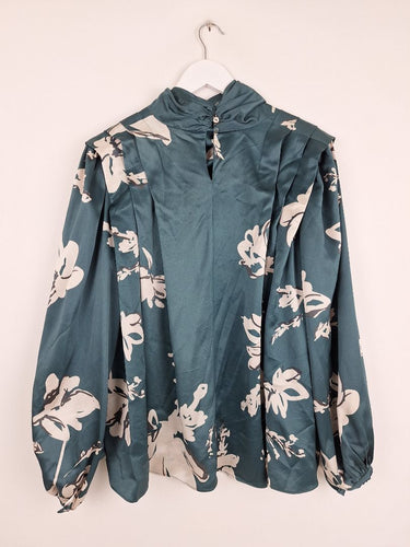 Second-Hand - Aje Emerald Satin Rose Draped Blouse Size 8 - SwapUp