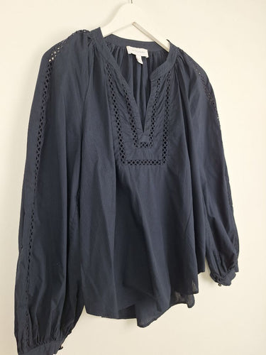 Second-Hand - Witchery Navy V Neck Pinstripe Blouse Size 10 - SwapUp