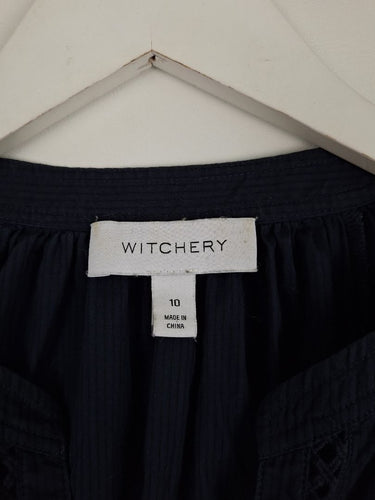 Second-Hand - Witchery Navy V Neck Pinstripe Blouse Size 10 - SwapUp