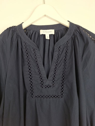 Second-Hand - Witchery Navy V Neck Pinstripe Blouse Size 10 - SwapUp