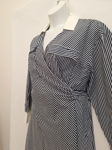 Second-Hand - Sportscraft Navy Stripe Wrap Shirt Dress Size 18 - SwapUp