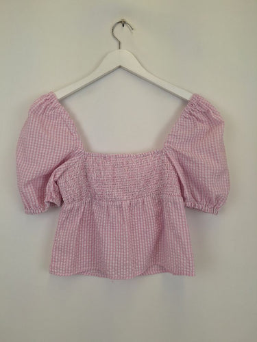 Second-Hand - Ownley Pretty In Pink Gingham Olive Top Size S - SwapUp