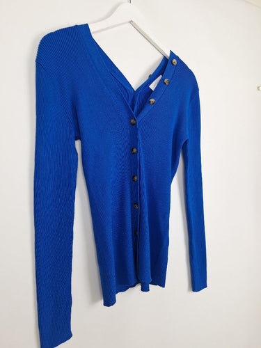 Second-Hand - Witchery Ribbed Blue Button Neck Top Size S - SwapUp