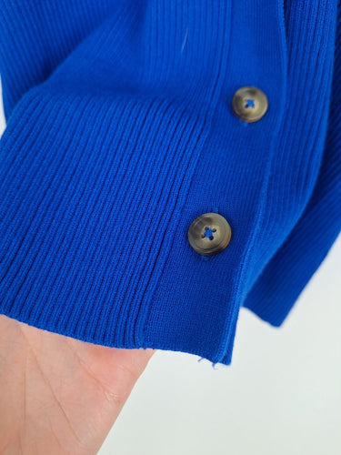 Second-Hand - Witchery Ribbed Blue Button Neck Top Size S - SwapUp