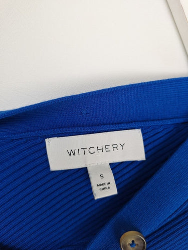 Second-Hand - Witchery Ribbed Blue Button Neck Top Size S - SwapUp
