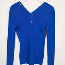 Second-Hand - Witchery Ribbed Blue Button Neck Top Size S - SwapUp