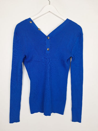 Second-Hand - Witchery Ribbed Blue Button Neck Top Size S - SwapUp