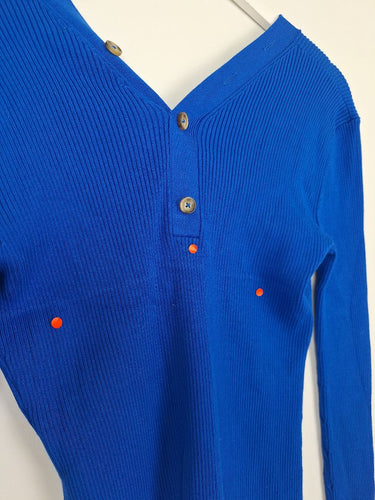 Second-Hand - Witchery Ribbed Blue Button Neck Top Size S - SwapUp