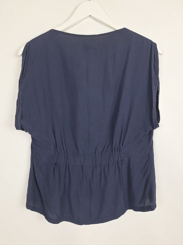 Second-Hand - Queen by Christine Boyle Vintage Navy Boat Neck Cinch Waist Blouse Size S - SwapUp