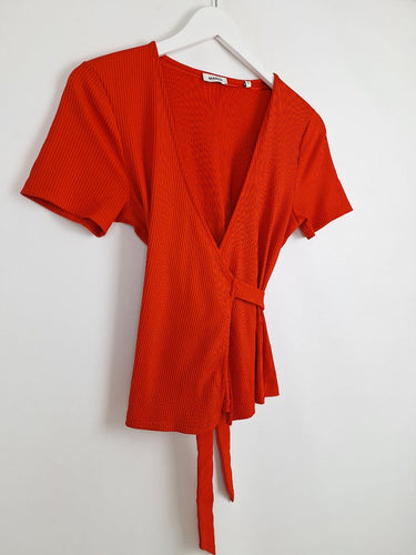 Second-Hand - Marcs Strawberry Ribbed Wrap Top Size S - SwapUp