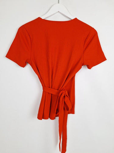 Second-Hand - Marcs Strawberry Ribbed Wrap Top Size S - SwapUp