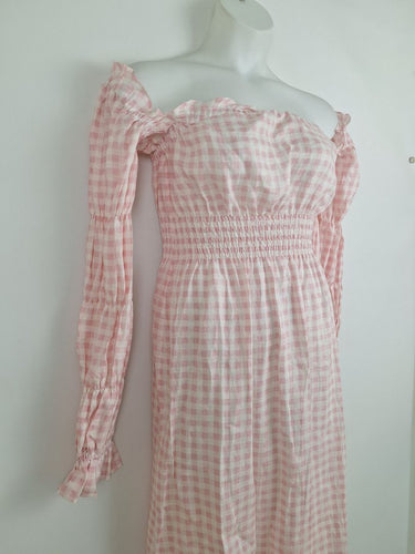 Second-Hand - Sleeper Romantic Gingham Shirred Linen Midi Dress Size S - SwapUp