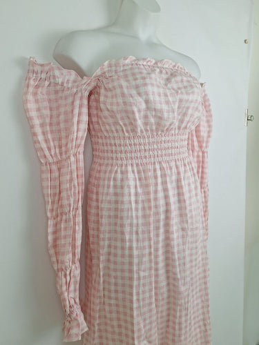 Second-Hand - Sleeper Romantic Gingham Shirred Linen Midi Dress Size S - SwapUp