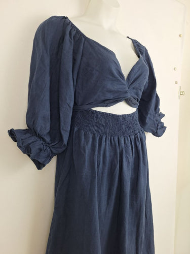 Second-Hand - Aulieude Pretty Shirred Tied Back Linen Midi Dress Size 10 - SwapUp