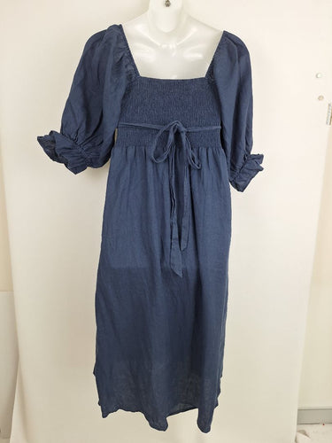 Second-Hand - Aulieude Pretty Shirred Tied Back Linen Midi Dress Size 10 - SwapUp