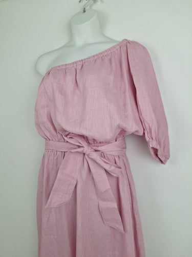 Second-Hand - Adrift Peony Pink One Shoulder Linen Midi Dress Size XL - SwapUp