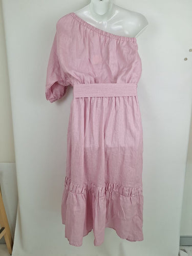 Second-Hand - Adrift Peony Pink One Shoulder Linen Midi Dress Size XL - SwapUp