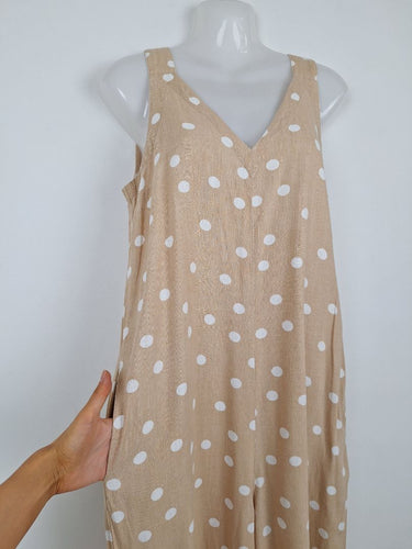 Second-Hand - Betty Basics Sandy Beige Polka Dot V Neck Jumpsuit Size 8 - SwapUp