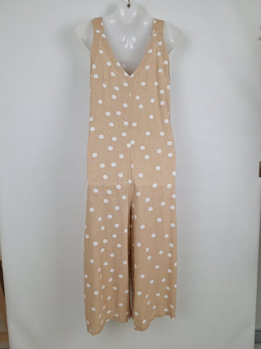 Second-Hand - Betty Basics Sandy Beige Polka Dot V Neck Jumpsuit Size 8 - SwapUp