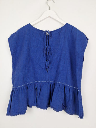 Second-Hand - Brigid McLaughlin Cobalt Ruffle Linen Blouse Size S - SwapUp