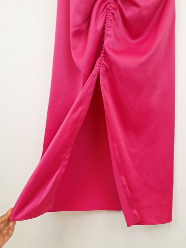 Second-Hand - Wayne Cooper Hot Pink Wrap & Ruched Event Midi Dress Size 10 - SwapUp