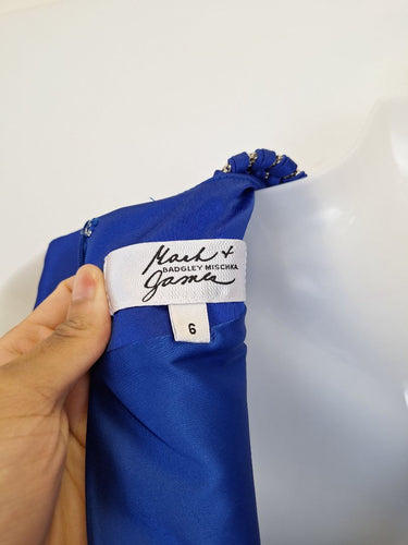 Second-Hand - Badgley Mischka Electric Blue Satin Decorated Cocktail Mini Dress Size 6 - SwapUp