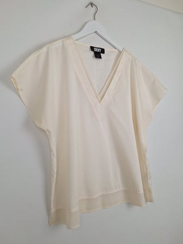 Second-Hand - DKNY Off White Sheer Sleek Deep V Neck Top Size XXL - SwapUp
