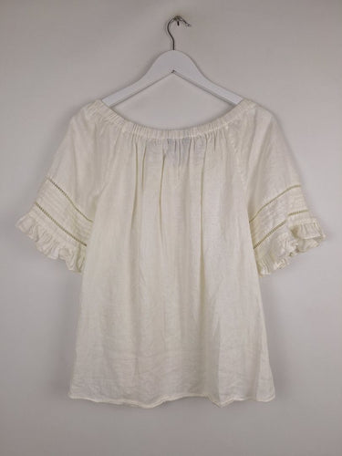 Second-Hand - French Connection Off Shoulder White Linen Top Size 8 - SwapUp