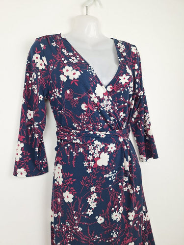 Second-Hand - Leona Edmiston Navy Faux Wrap Booms Midi Dress Size 10 - SwapUp