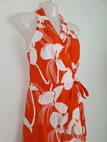Second-Hand - Country Road Orange Floral Linen Wrap Dress Size 8 - SwapUp