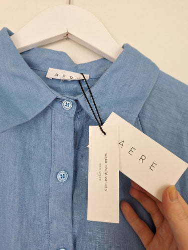 Second-Hand - Aere Coast Blue Linen Soft Puff Sleeve Dress Size 12 - SwapUp