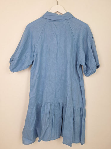 Second-Hand - Aere Coast Blue Linen Soft Puff Sleeve Dress Size 12 - SwapUp
