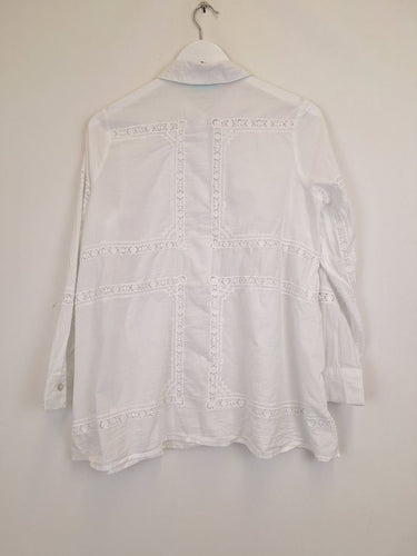 Second-Hand - Blue Illusion Semi Sheer Lace Patchwork Shirt Size XS - SwapUp