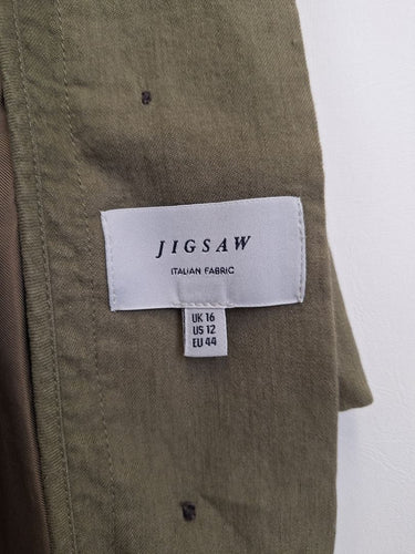 Second-Hand - Jigsaw Linen Blend Khaki Adjustable Waist Jacket Size 16 - SwapUp