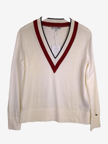 Tommy Hilfiger Ecru Global V Neck Stripe Knit Jumper Size S