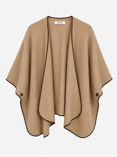 MaxMara Caramel Leather Trimmed Wool Poncho Cardigan Size OSFA