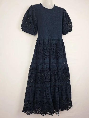 Decjuba Shirred Navy Broderie Maxi Dress Size 12 by SwapUp-Online Second Hand Store-Online Thrift Store