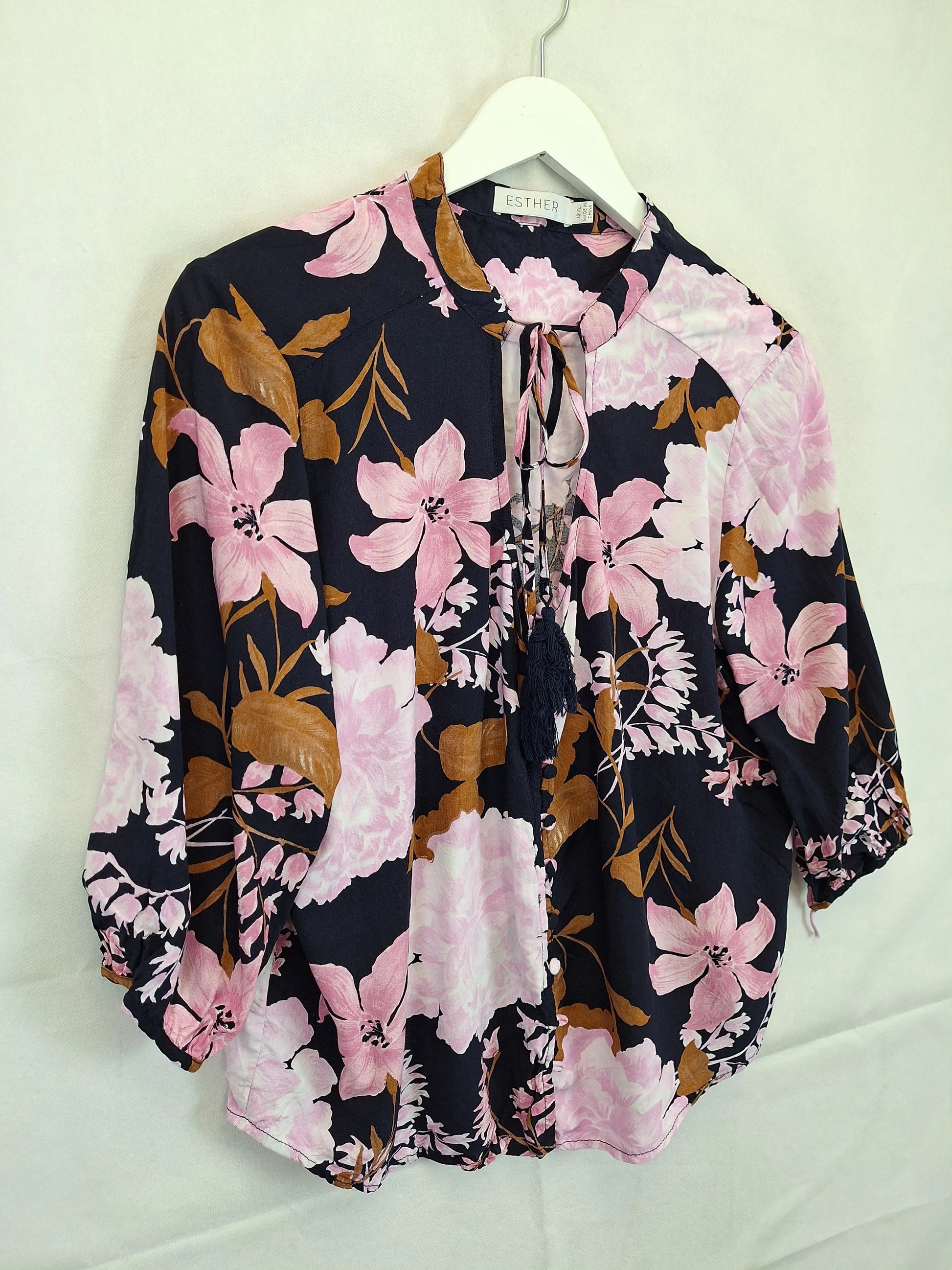 Esther Floral Keyhole Tassel Blouse Size 12 by SwapUp-Online Second Hand Store-Online Thrift Store