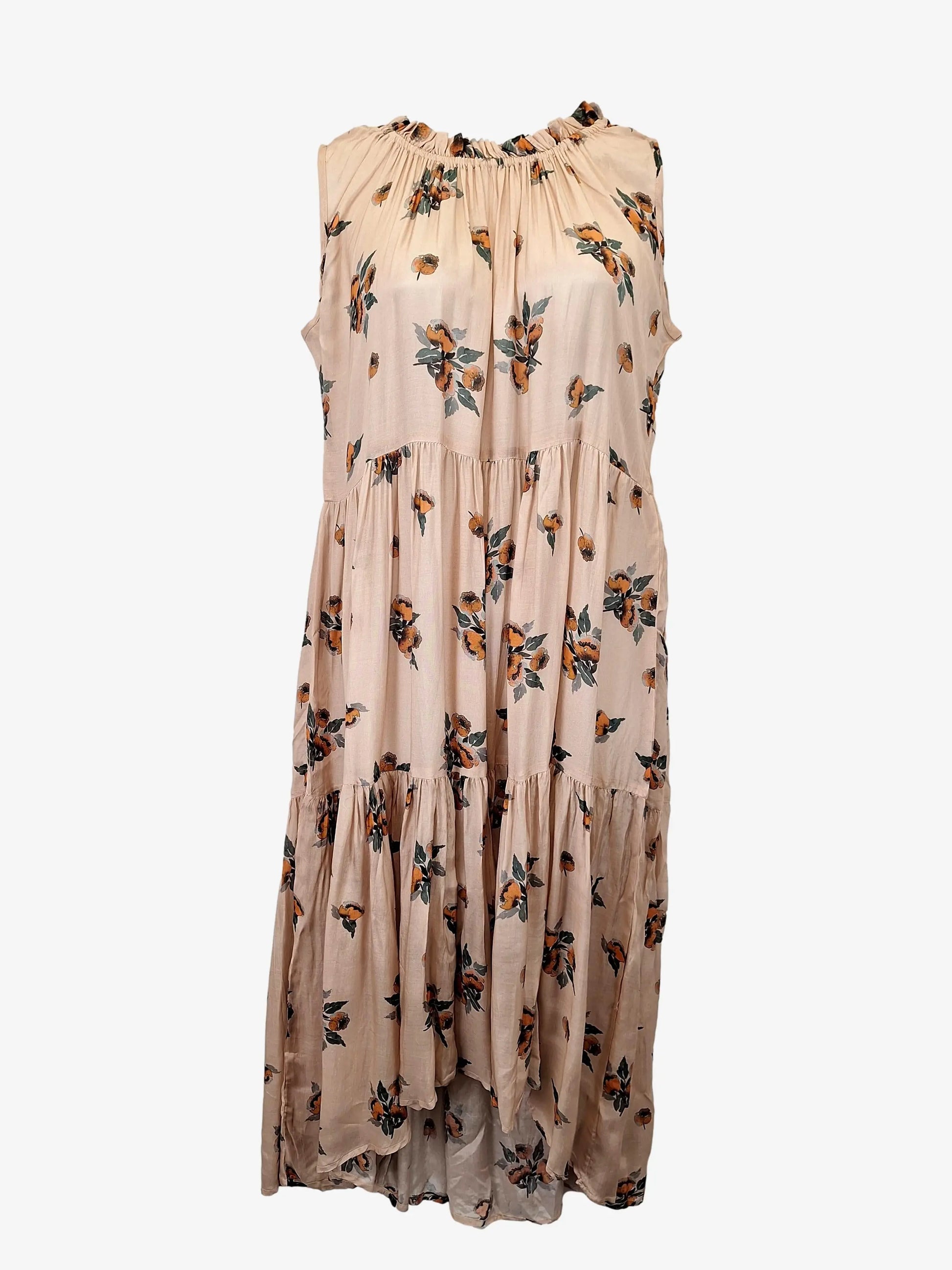 NAUDIC Taupe Floral Tiered Sheer Midi  Dress Size L by SwapUp-Online Second Hand Store-Online Thrift Store