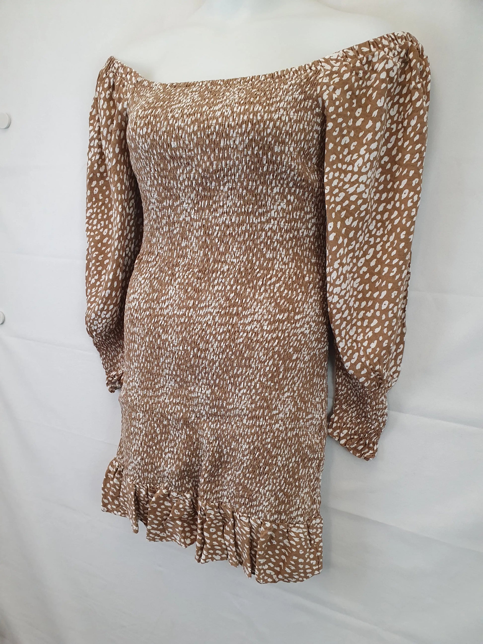 Seed Taupe Shirred Full Sleeve Mini Dress Size 14 by SwapUp-Online Second Hand Store-Online Thrift Store