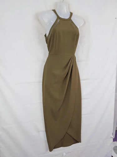Shilla Khaki Halter Neck Draped Evening Midi Dress Size S by SwapUp-Online Second Hand Store-Online Thrift Store
