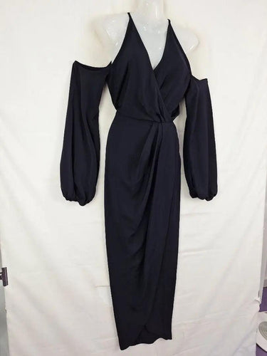 Second-Hand - Shona Joy Navy Cold Shoulder Draped Evening Midi Dress Size 8 - SwapUp