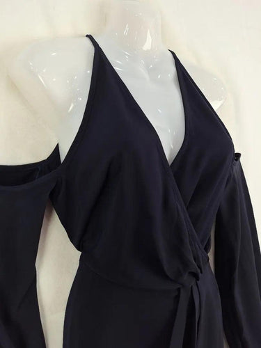 Second-Hand - Shona Joy Navy Cold Shoulder Draped Evening Midi Dress Size 8 - SwapUp